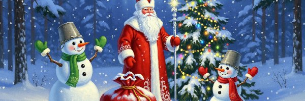 Las, Mikołaj, Zima, Choinka, Bałwanki, Worek, Udekorowana, Boże Narodzenie, Dwa, Śnieg