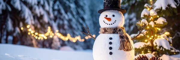 Szal, Bałwan, Szyszki, Choinka, Kapelusz, Śnieg, Oświetlona, Zima