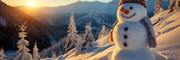 Bałwan, Drzewa, Słońce, Góry, Zima, Al, Szal, Ośnieżone, Czapka