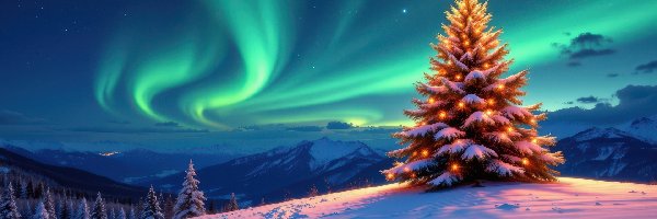 Drzewa, Boże Narodzenie, Choinka, Zorza polarna, Zima, Góry