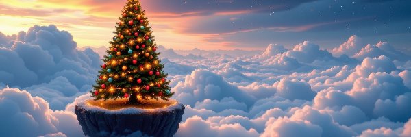 Przebijające światło, Chmury, Księżyc, AI, Choinka, Boże Narodzenie