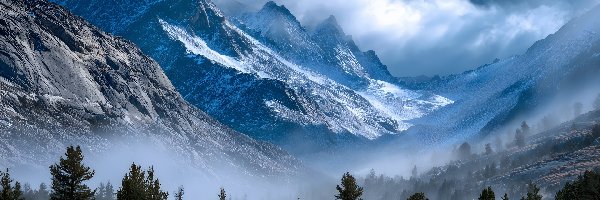 Zima, Drzewa, Góry, Grafika AI, Chmury