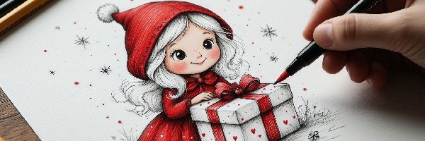 Ubranko, Dziewczynka, Czerwone, Prezent, Mała, Rysunek