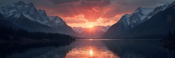 Góry, Zachmurzone, Jezioro, Zachód słońca, Niebo