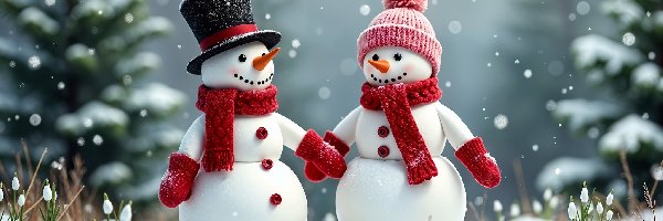 Zima, Czapki, Bałwanki, Grafika, Szaliki