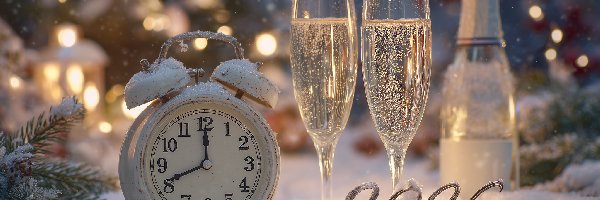 Grafika AI, Szampan, 2026, Kieliszki, Zegar, Zima, Nowy Rok
