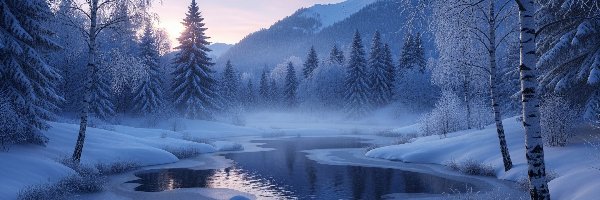 Zima, Las, Drzewa, Rzeka, Góry, Brzozy, Ośnieżone