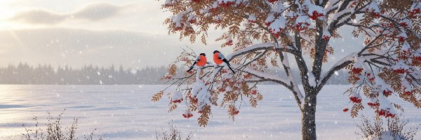 Zima, Ptaki, Jarzębina, Pole, Gile