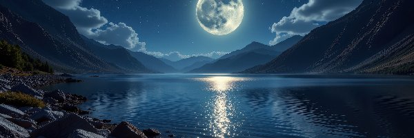 Gwiazdy, Góry, Księżyc, Grafika AI, Jezioro, Kamienie