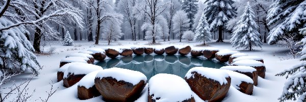 Grafika AI, Polana, Woda, Drzewa, Zima, Las, Kamienie