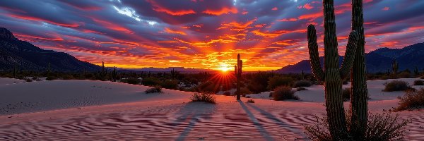 Kaktusy, Grafika AI, Zachód słońca, Pustynia