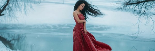 Czerwona, Rzeka, Dziewczyna, Sukienka, Śnieg, Zima