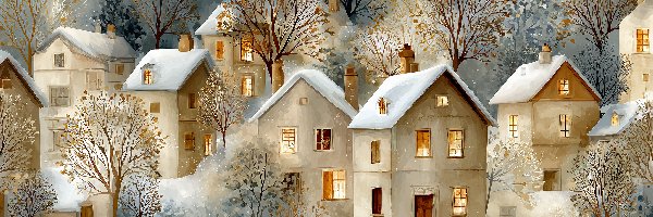 Ośnieżone, Drzewa, Domy, Grafika AI, Zima