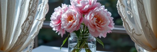Różowe, Słoik, Piwonie, Firanki, Okno