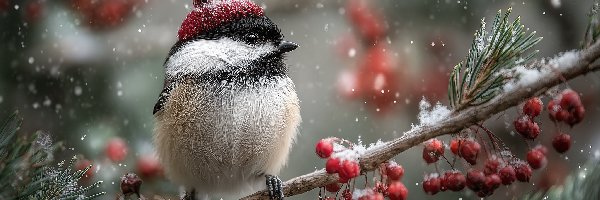 Czerwone owoce, Czapka, Gałązka, Grafika AI, Czerwona, Sikorka czarnogłówka