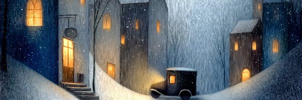 Domy, Samochód, Drzewa, Grafika AI, Zima