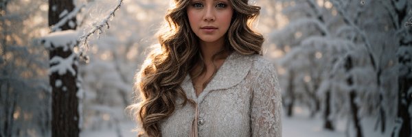 Las, Długowłosa, Sukienka, Śnieg, Kobieta, Zima