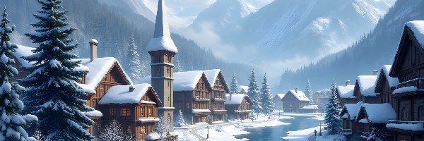 Rzeka, Kościół, Miasteczko, Góry, Domy, Zima