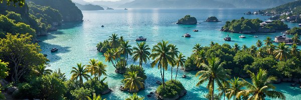 Morze, Palmy, Wysepki, Tropiki, Góry