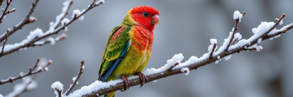 Ośnieżone, Kolorowa, Papuga, Gałązki, Ptak, Zima