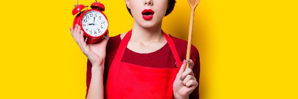 Budzik, Fartuch, Drewniana, Czerwony, Dziewczyna, Zegar, Łyżka