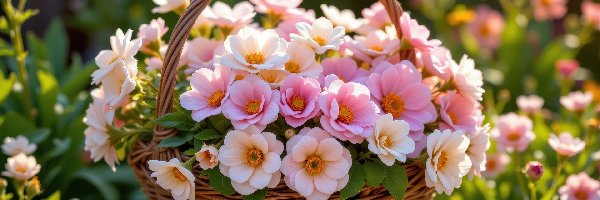 Różowe, Ogród, Kosz, Kwiaty