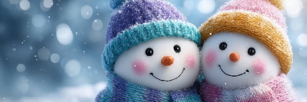 Grafika AI, Bałwanki, Kolorowe, Przytulone, Dwa, Szaliki, Czapki