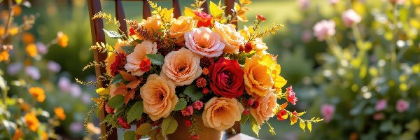 Róże, Krzesło, Wazon, Kwiaty