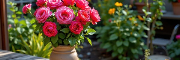 Grafika AI, Róże, Wazon, Różowe, Kwiaty, Ogród, Stół