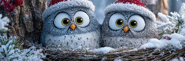 Sowy, Drzewo, Gniazdo, Grafika AI, Czapki