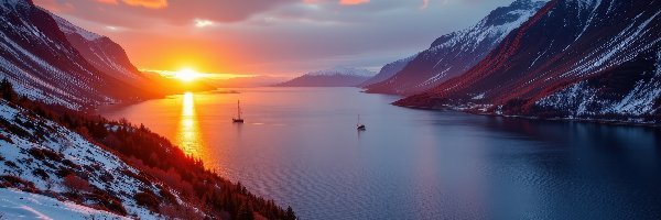 Góry, Grafika AI, Zachód słońca, Rzeka