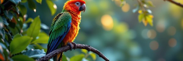 Liście, Papuga, Gałązka, Grafika AI, Kolorowa, Ptak