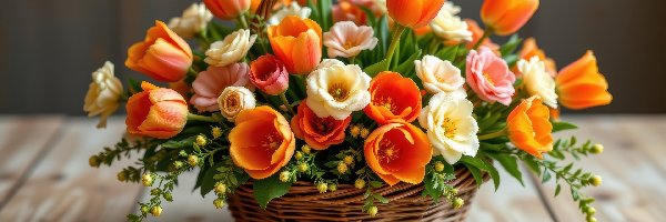 Kwiaty, Tulipany, Kamelie, Deski, Koszyk