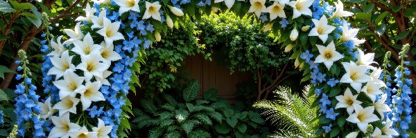 Rośliny, Łuk, Niebieskie, Kwiatowy, Ogród, Kwiaty, Białe