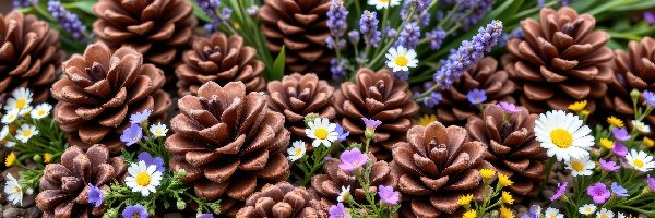 Kwiaty, Stokrotki, Lawenda, Szyszki