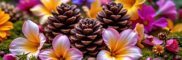 Kolorowe, Trzy, Kwiaty, Grafika AI, Szyszki