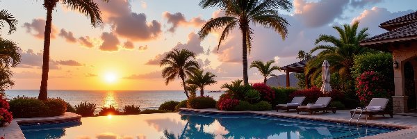 Basen, Morze, Palmy, Grafika AI, Zachód słońca