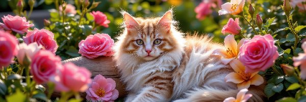 Kot, Rudo-biały, Lilie, Róże, Puszysty, Trawa, Kwiaty, Leżący