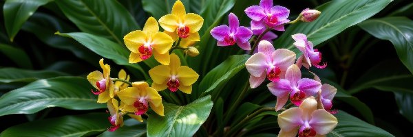 Liście, Jasnofioletowe, Storczyki, Grafika AI, Żółte, Kwiaty