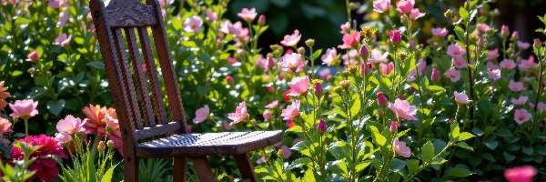 Ogród, Krzesło, Kwiaty