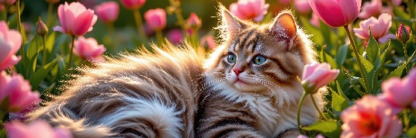 Tulipany, Kwiaty, Kot