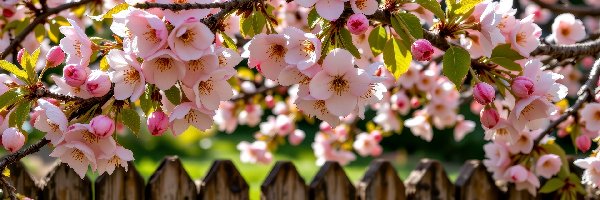 Kwiaty, Drzewo owocowe, Gałąź, AI, Płot