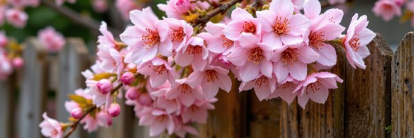 Płot, Kwiaty, Drzewo owocowe, Grafika AI, Różowe, Gałązka