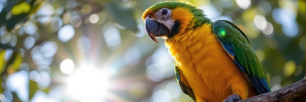 Promienie słońca, Ara, Gałąź, Grafika AI, Żółto-zielona, Papuga