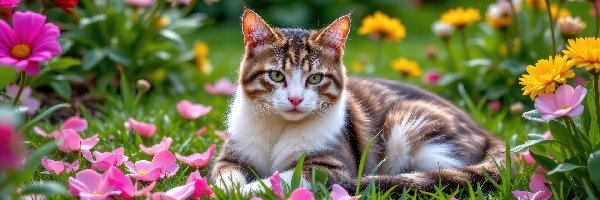 Kot, Kwiaty, Leżący, Trawa, Płatki