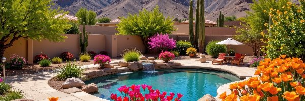 Basen, Kwiaty, Kolorowe, Drzewa, Góry