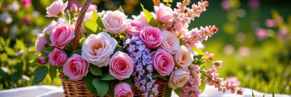 Kwiaty, Róże, Kolorowe, Ogród, Koszyk