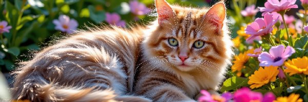 Kot, Kwiaty, Kolorowe, Leżący