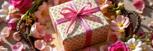 Pudełko, Kokarda, Prezent, Taca, Kwiaty