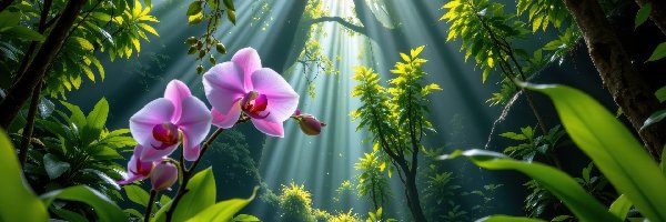 Fioletowe, Rośliny, Las, Grafika AI, Kwiaty, Storczyki, Przebijające światło, Drzewa